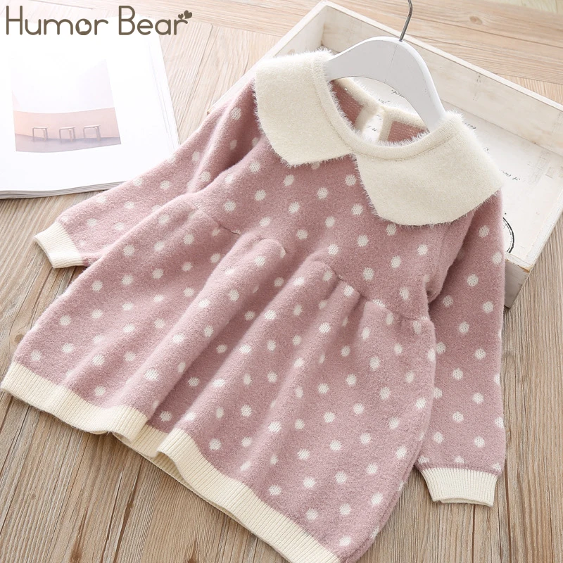 Humor Bear/детская одежда Новинка года; сезон осень-зима; платье принцессы для маленьких девочек вязаные вечерние платья в горошек с длинными рукавами одежда для девочек - Цвет: BZ555 pink