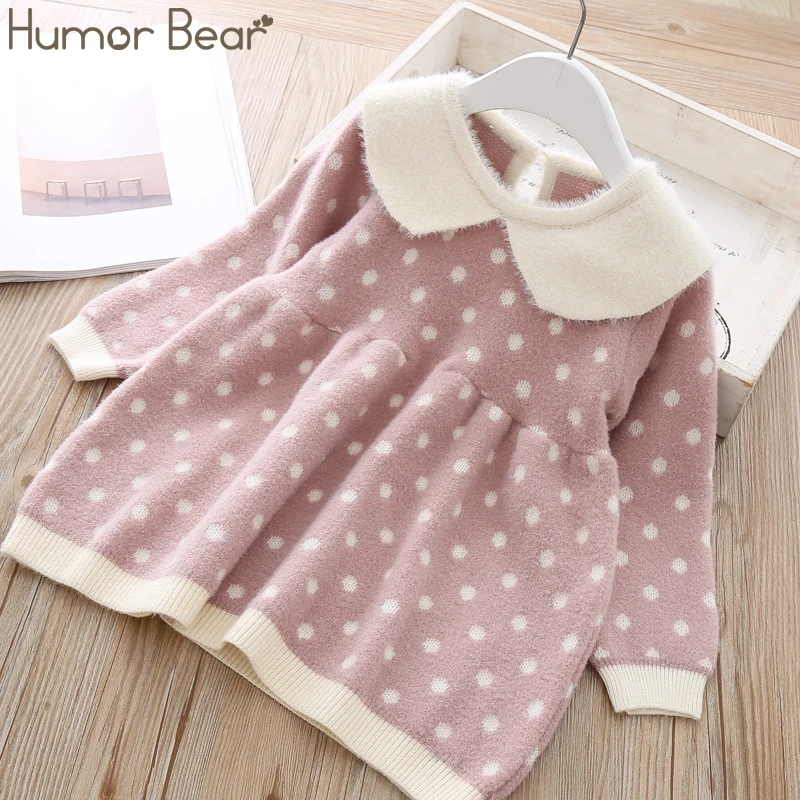 BZ555 pink Humor Bear/детская одежда Новинка года; сезон осень-зима; платье принцессы для маленьких девочек вязаные вечерние платья в горошек с длинными рукавами одежда для девочек - Цвет: BZ555 pink