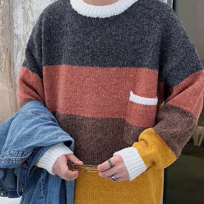 Зимний толстый мужской свитер, теплый модный Контрастный ЦВЕТНОЙ Повседневный вязаный пуловер, мужской свитер, свободные вязаные свитера для мужчин