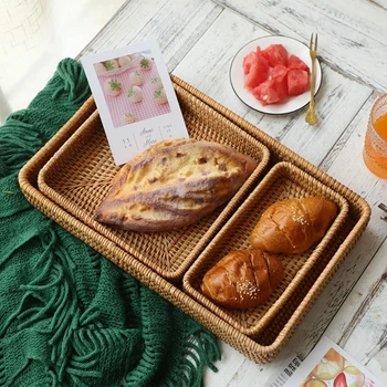 

Rattan Storage Basket Rectangular Wicker Hand Woven Fruit Candy Bread Organizer H7EA