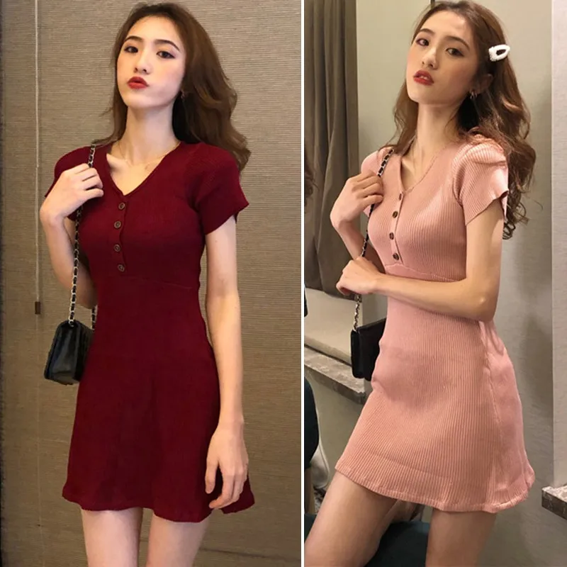 

Burgundy/ Black/ 3 Colors Fashion Summer Sweet Women Short Sleeve V-Neck Buttons Slim Fit A-Line Above Knee Mini Knitted Dress