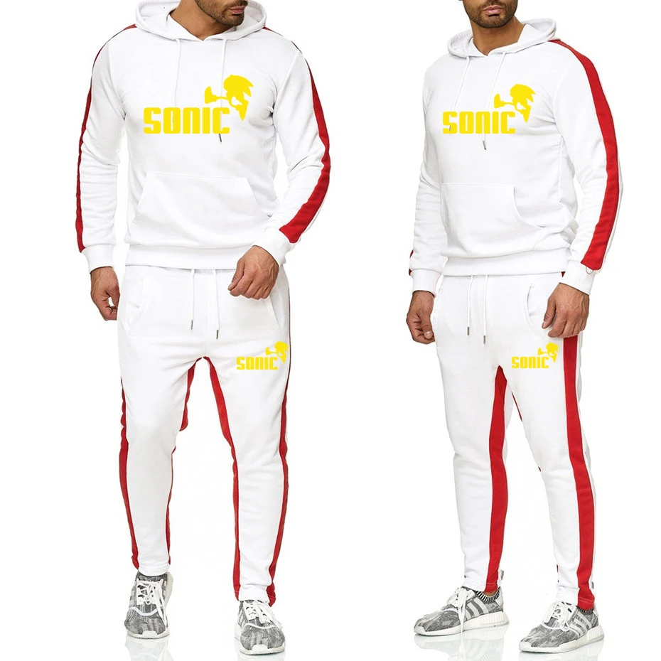 Белый Спортивный полосатый мужской костюм спортивный костюм Ковбой толстовка с капюшоном+ спортивные штаны Ковбой толстовка с капюшоном - Цвет: Белый