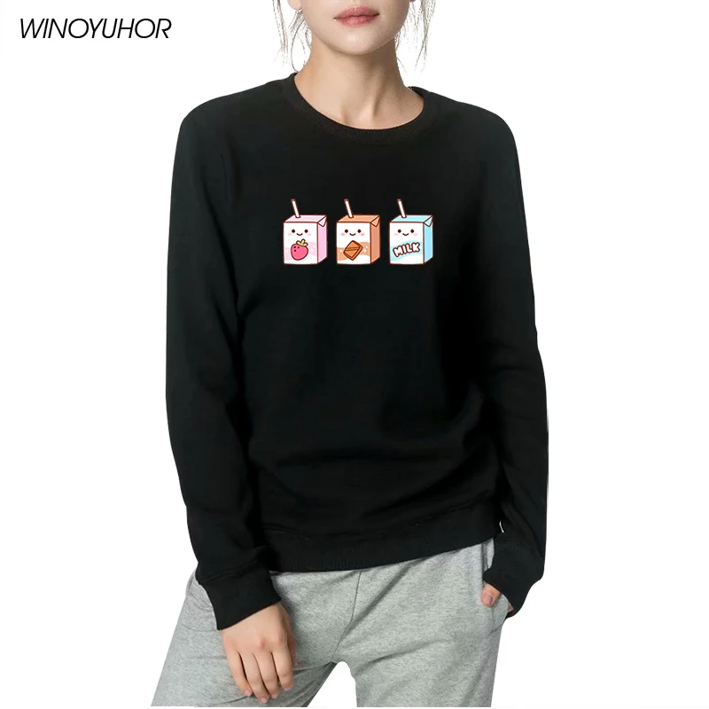 

Harajuku Kawaii Strawberry Milk Hoodie Sweatshirt Tops Women Japanese Style Long Sleeve Streetwear Funny Girls Clothing