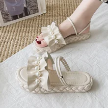 2021 New Summer Bohemian Pearl  Modern Sandals Platform Causal Open Toe Soft Non Slid Ladies Beach Shoes Flat Sandalias Mujer