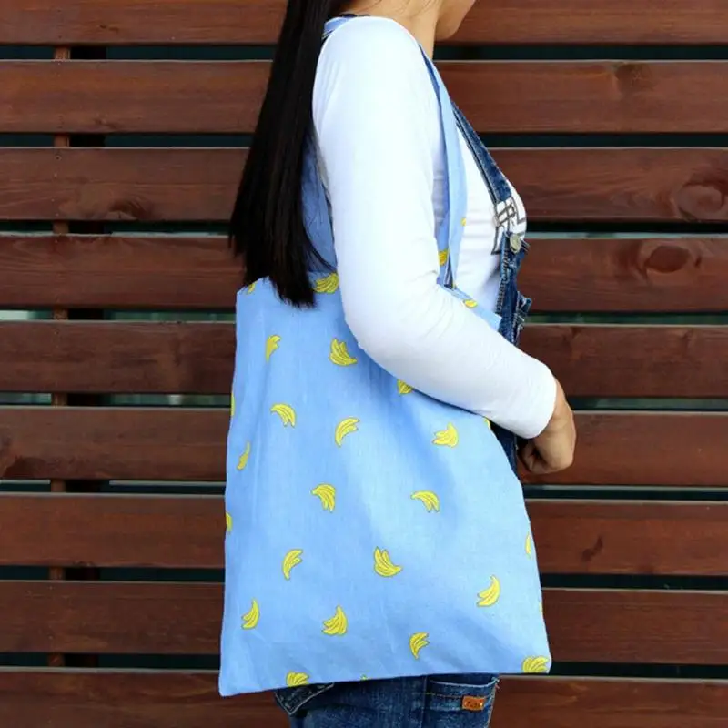 

Eco-friendly Shopping Bag Women Handbag Banana Print Casual Cotton Tote Satchel Foldable Beach Bag Daily Use