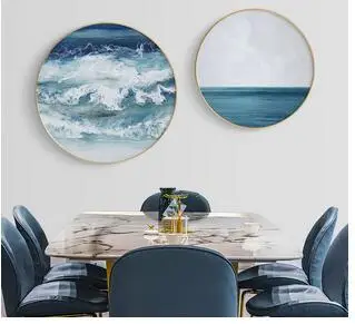 

ROUND SEASCAPE INKJET WALL PAINTING BLUE WAVE SEA HORIZON WALL DECORATION OIL ON CANVAS MURAL SOLID WOOD FRAME POSTER HOME DECOR