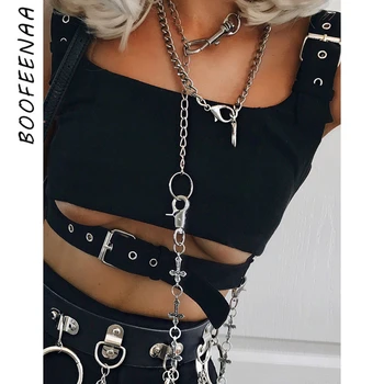

BOOFEENAA Metal Buckle Hollow Out Black Tank Top Women Streetwear Fashion Crop Tops Gothic Sexy Tops Clubwear Summer 2020 C84AZ3