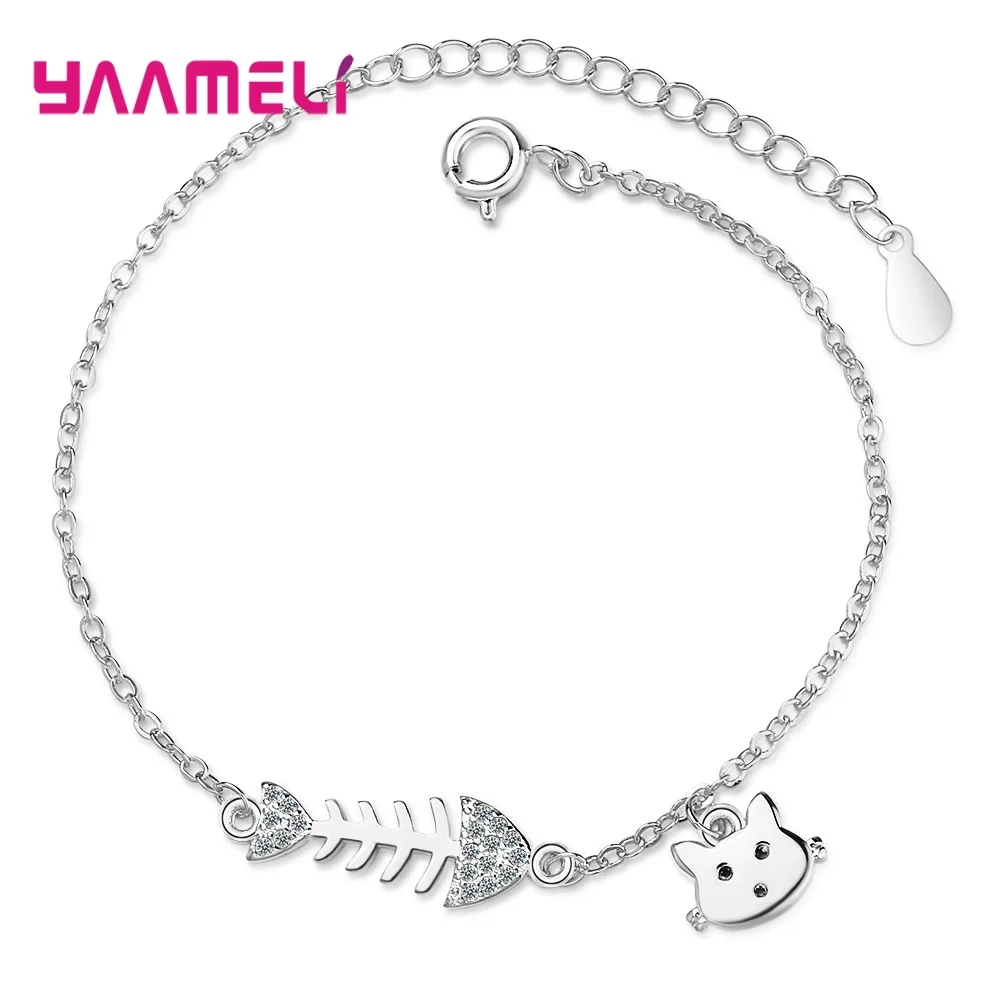Настоящее серебро женские милые Стразы в форме рыбки кошки цепной золотой браслет романтические 925 пробы серебряные украшения на год