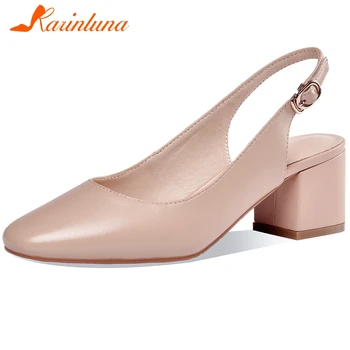 

Karinluna New Arrivals 2020 Genuine Cow Leather Concise Sandals Women Shoes Buckle Strap Thick Heels Summer Shoes Women Sandals