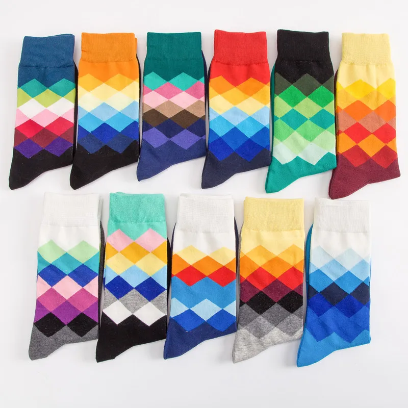 Men's Funny Happy Socks Fine Paragraph Diamond Pattern Argyle Three-dimensional Tube Geometric Funny Large size Combed Cotton