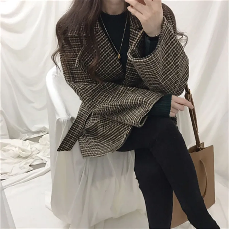 RUGOD, винтажный клетчатый Блейзер, куртка с поясом, собранная Талия, укороченное шерстяное пальто, женские зимние пальто, уличная одежда, корейский стиль, для женщин