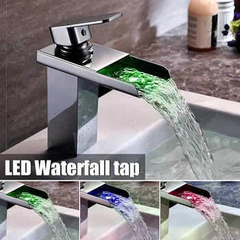 

LED Color Change Waterfall Basin Faucet Chrome Polished Single Handle Faucet Bathroom Sink Cold And Hot Mixer Tap