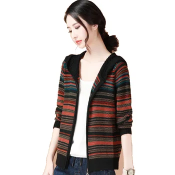 

Women Vintage Long Sleeve Knit Cardigan Women Autumn Hooded Striped Sweater Jacket Loose Comfortable Soft