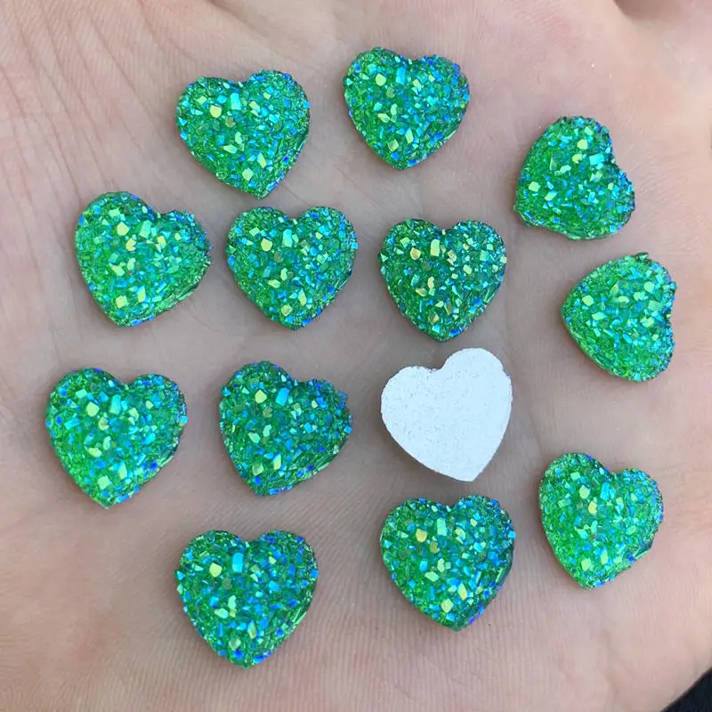 80PCS 12mm glitters AB 색상 미네랄 표면 심장 수지 라인 석 플랫 백 카보 숑 스톤 DIY 웨딩 장식 공예품