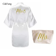 2 шт. комплект pf Mrs халат атласный макияж Косметические блестки Золото письмо женщины кимоно атласные свадебные вечерние невесты to be халаты свадебный подарок