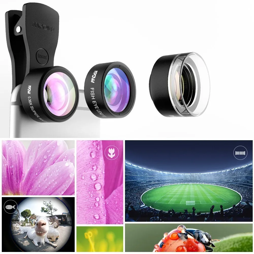 Original Mpow MFE4 Clip-On Phone Camera Lens Kits 180 Degree Fisheye Lens + 0.36X Wide Angle + 20X Macro Lens for Cellphones (5)