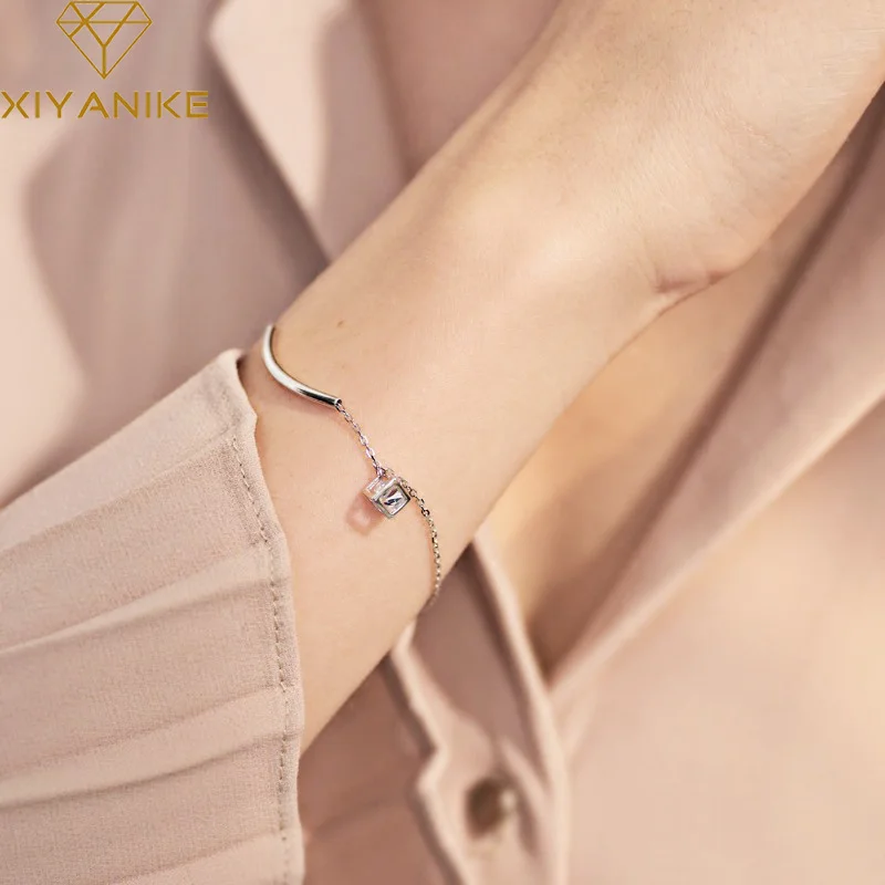 XIYANIKE 925 стерлингового серебра модные креативные Твердые объемные геометрические браслеты для женщин Полумесяца изгиб вечерние Ювелирные изделия Подарки