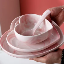 Nordic Ceramic Tableware Love Heart Shaped Bowl Chopsticks Plate Set  Household Couple 2 Person Combination Bowl Seasoning Plate