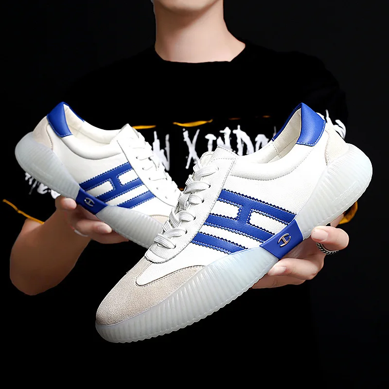 

Split Cowhide Fabric Two-color Shoe Lace White Shoes Fashion Casual Shoes Rubber Sole Jelly End MEN'S SHOES