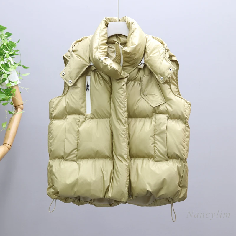 

2020 Winter Thickened Down Cotton Vest Women Hooded Detachable Loose Solid Color Sleeveless Coat Students Top Kamizelka Damska