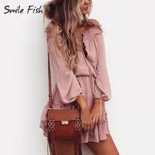 Шифоновое мини-платье в стиле бохо с вырезом лодочкой, Пляжное летнее платье для отпуска, женское платье с рукавами-фонариками и оборками с открытыми плечами, Бандажное платье с кисточками, GV687