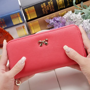 

Cute Bowknot Women Long Wallet Zipper Long Pure Color Clutch Bag Purse Phone Bag Card Holder Large Capacity Wallet