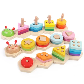 

Kids Wooden Learning Puzzle Toys Early Childhood Learning Educationa Toys Geometric Shape with 5 Columns Toys for children gifts
