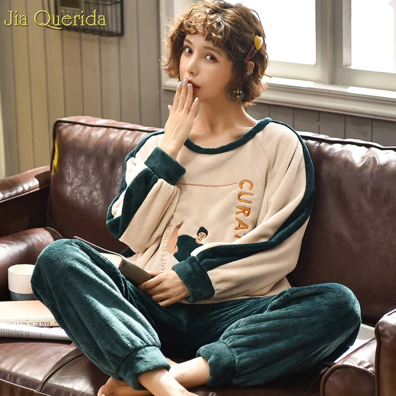 

Cozy Home Clothes Women Flannel Pajama Set Winter New Loose Size Korean Style Embroidery Pyjamas Fashion Loungewear Women Pj Set