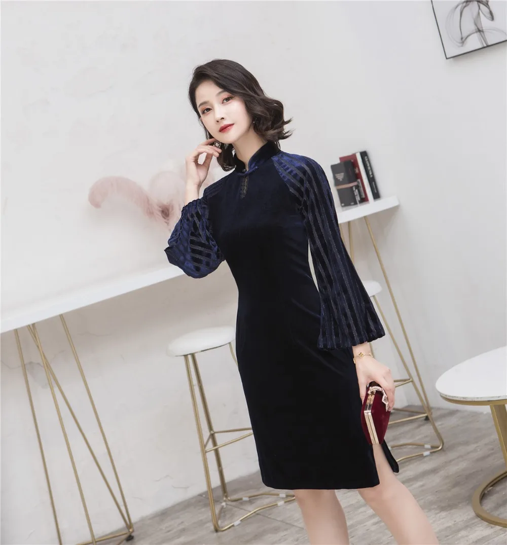 Шанхай история с длинным рукавом велюр сплит-соединение Cheongsam по колено Qipao темно-синий