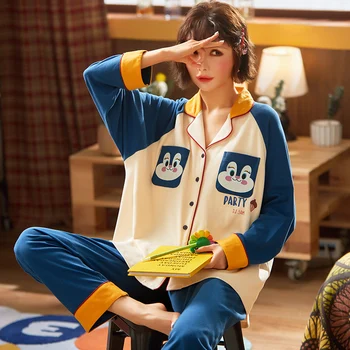 

Winter Women Pajamas Set Lovely Print Long Sleeve Casual Nightwear Cotton Leisure Sleepwear Cartoon Night Suit Pyjama