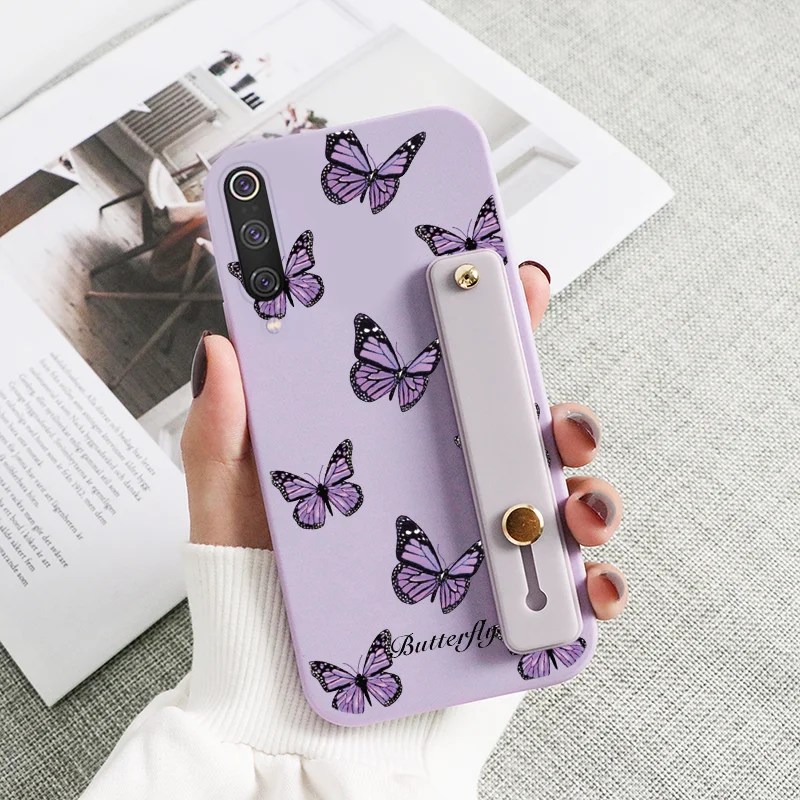 wallet phone case For Xiaomi Mi 9 SE Case Flowers Soft Silicone Cover For Xiaomi Mi9 Mi9SE Butterfly Wrist Strap Holder Shockproof Coque Bumper arm pouch for phone