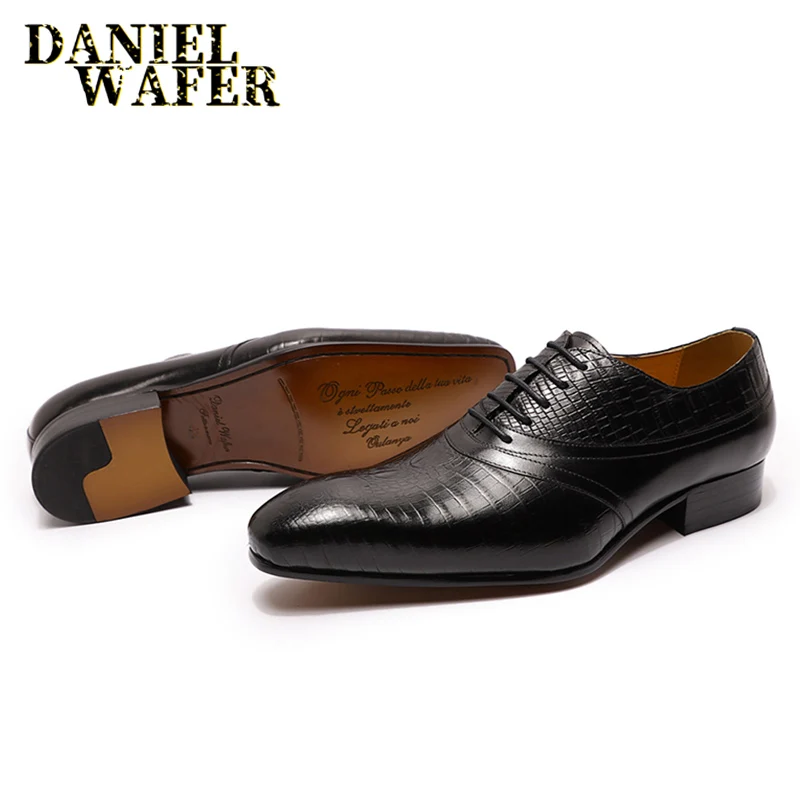 Роскошные кожаные туфли ручной работы; модные оксфорды из крокодиловой кожи с принтом на шнуровке; цвет коричневый, черный; Свадебная офисная обувь; кожаная мужская обувь - Цвет: Black