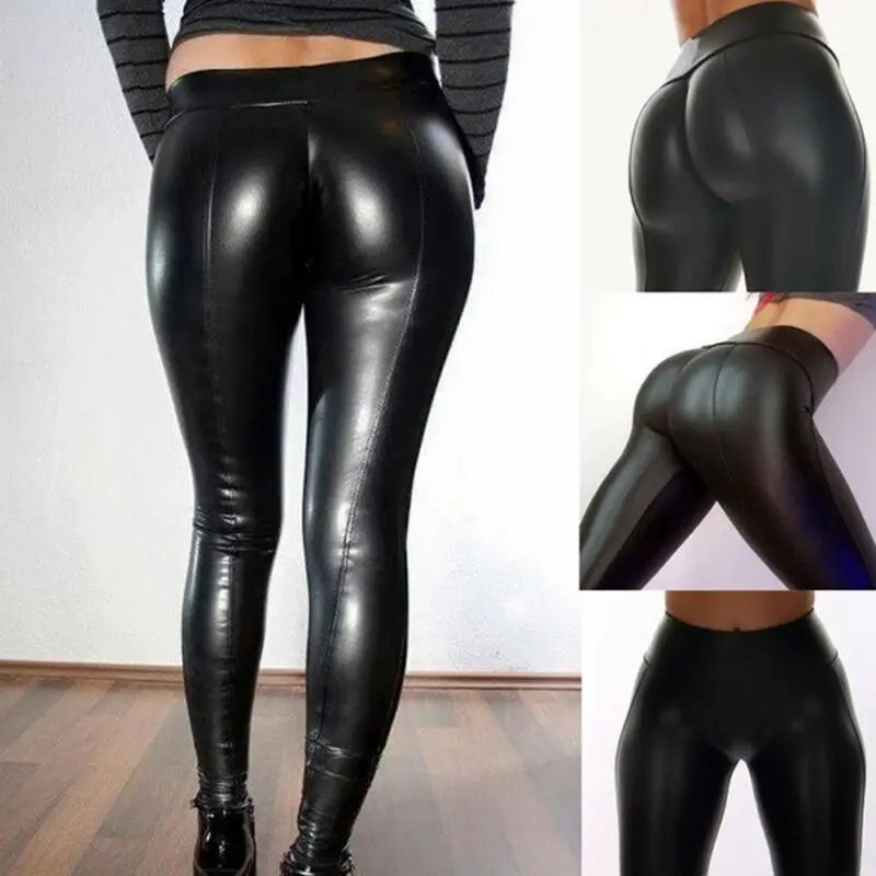 Women Black PU Legging Shiny Bling Faux Patent Leather Stretch Elastic Leggings High Waist Pants Slim Trousers