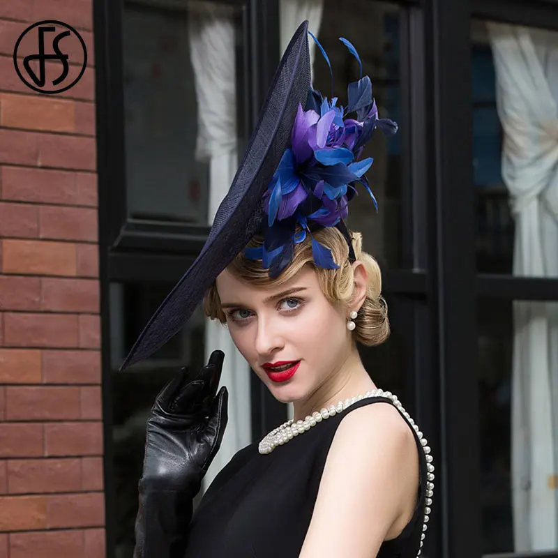 FS Feather Fascinators Blue Hat Women Fedoras Large Brim Fedoras