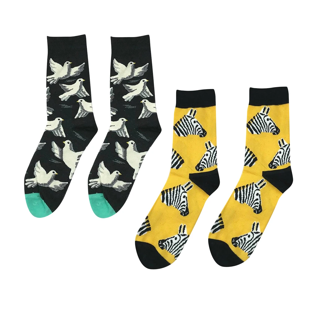 Novelty 2 Pairs Men Casual Cotton Stockings  Zebra Bird Pattern Universe Film Stockings Knight Spring Autumn winter Funny Socks 