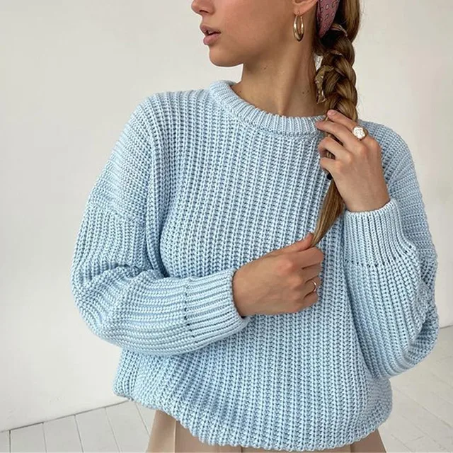 Women Solid Knitted Thickening Oversized Sweater Female Round Neck Long Sleeve Casual Loose Pullovers Top 2021 Autumn Winter Lingt Blue