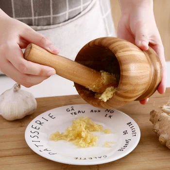 

Bamboo Kitchen Tool Mortar And Pestle Set Manual Mixing Bowl Herbs Grinder Ginger Spices Multifunctional Pepper Garlic Press