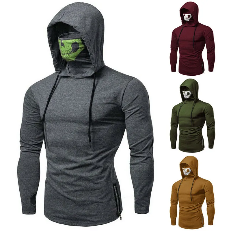 

2019 Men Hoodies Sweatshirt with Skull Print Mask Thin Hoody Long Sleeve Fitness Casual Hip Hop Male Sweatshirts
