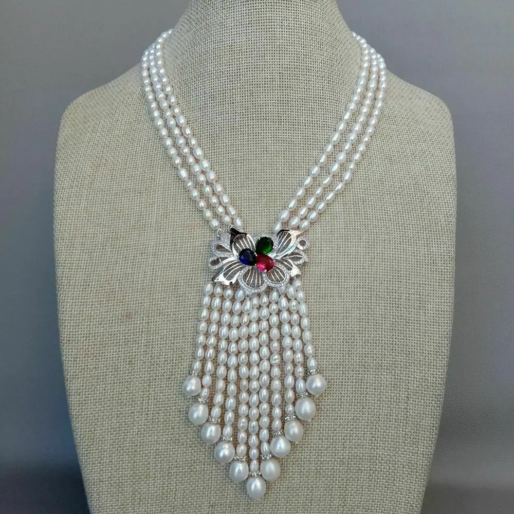 

17'' 3 Strands Freshwater White Rice Pearl Necklace Cz Pave Pendant