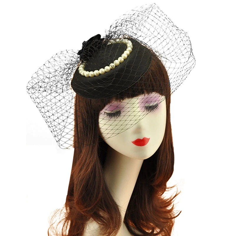 

Brand New Fashion Net Fascinator Hat Fake Pearl Tea Party Headband Pillbox Hat With Veil Hats For Women Hair Accessory Gorro