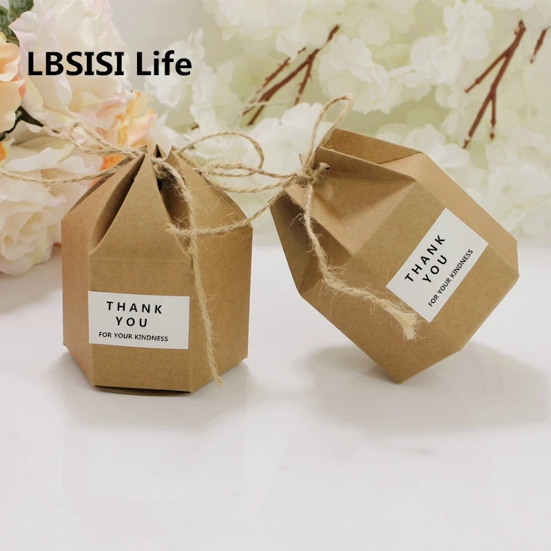 

LBSISI Life 50pcs Wedding Candy Boxes Hexagon Kraft Paper Box Cookie Box DIY Party Gift Packing With Sticker Rope
