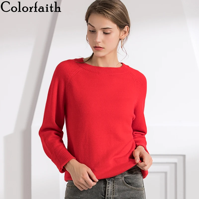 

Colorfaith New 2019 Autumn Winter Women's Sweaters Pullover Korean Style Minimalist Casual Solid Office Lady Red Tops SW7077