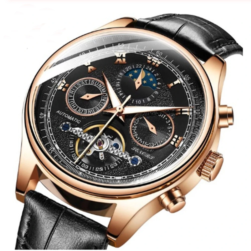 SENORS SN171 Men`s Moon Phase Watch Automatic Mechanical Watches Men Complete Calendar Tourbillon Clock Genuine Leather Watches