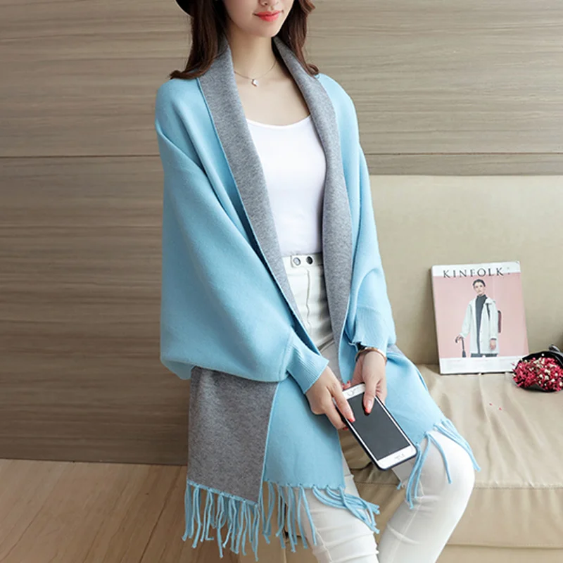 Light blue Высококачественный красный Свободный кардиган свитер женский женский однотонные кисточки вязаный жакет женский толстый свитер пальто - Цвет: Light blue