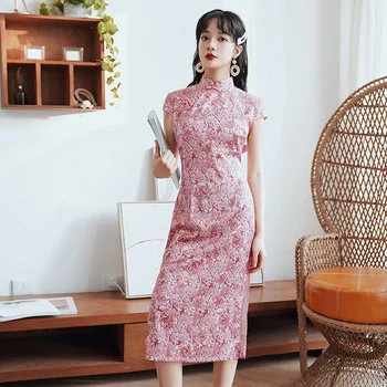 

Sexy Mandarin Collar Cheongsam Novelty Short Sleeve Qipao Lace Pink High Split Lady Wedding Party Gress Vestidso Large Size