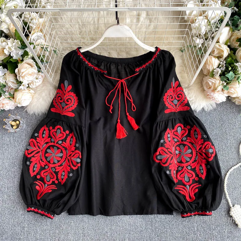 Retro National Style Machine Embroidery Lace-up Tassled V-neck Lantern Sleeve Shirts Top Women Loose All-match Blusas Blouses