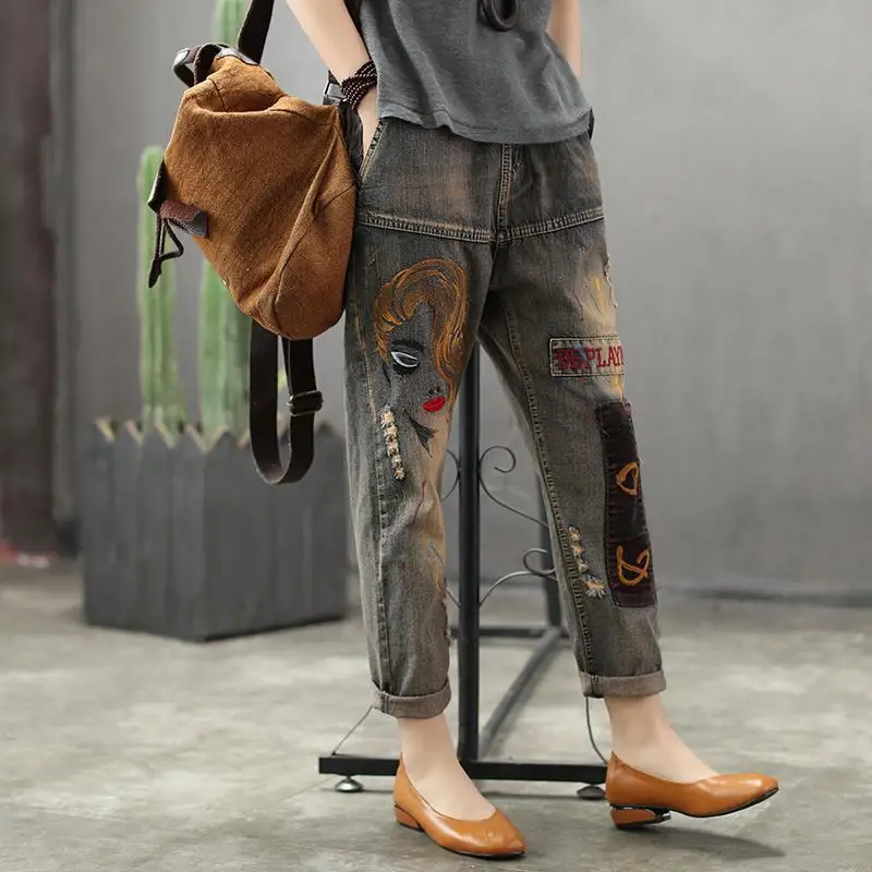 2022 autumn New Jeans Women's Elastic High Waist Embroidery Retro Distressed Loose Harlan Pants Female Denim Pants W45