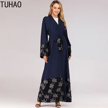 

Loose Elegant Muslim Robes Floral Embroidery Mesh Splicing Abaya Long Cardigan Windbreaker Woman Trench CoaT T1695