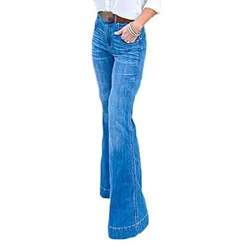 

Women Vintage Xs-4Xl Plus Size Jeans Pockets Washed Bleached Casual Loose Flare Pants High Waist Slim Denim Long Jeans