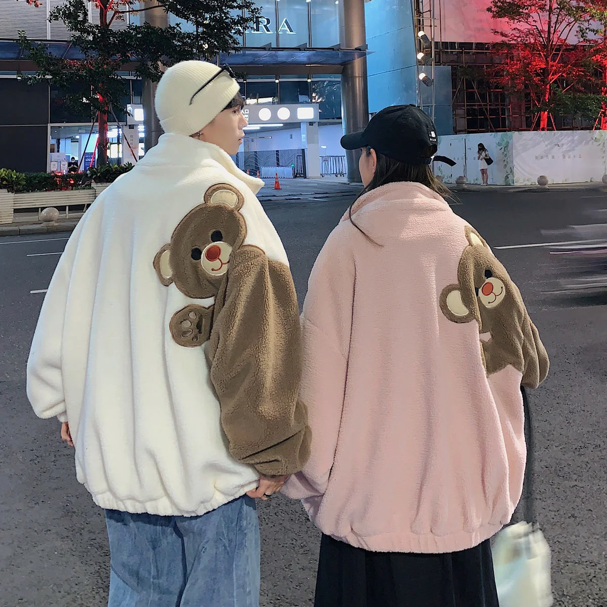 

2021 Winter Men's Bear Embroidered Snow Jacket Thicken Lamb Coats Lovely Cotton-padded Clothes Oversized White/pink/black Parkas